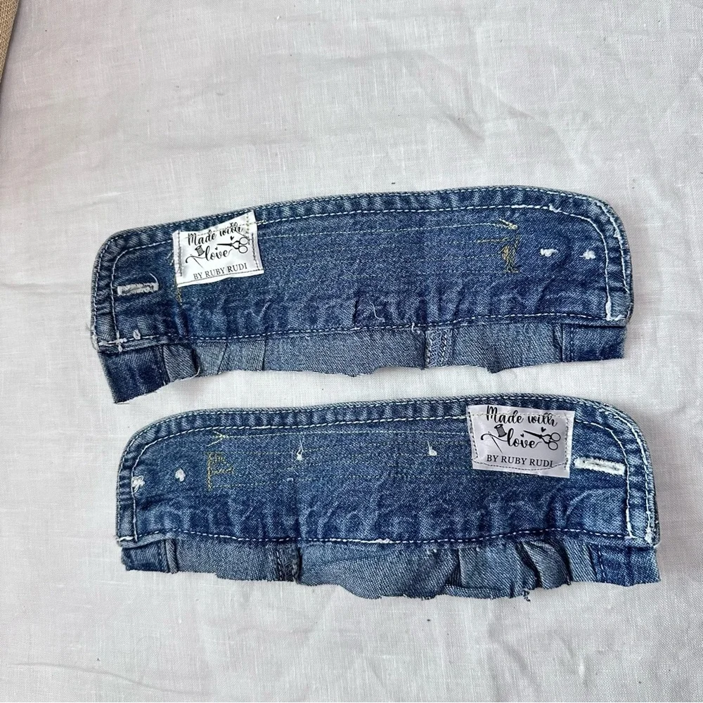 RUBYRUDI Artisan Denim Cuff Bracelet Set Shabby Chic Tattered Raw Edge Signed